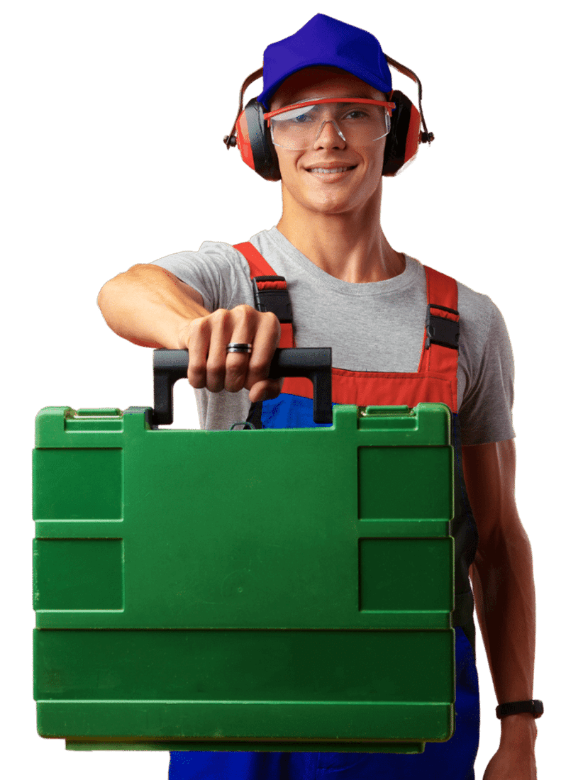 Worker holding green toolbox