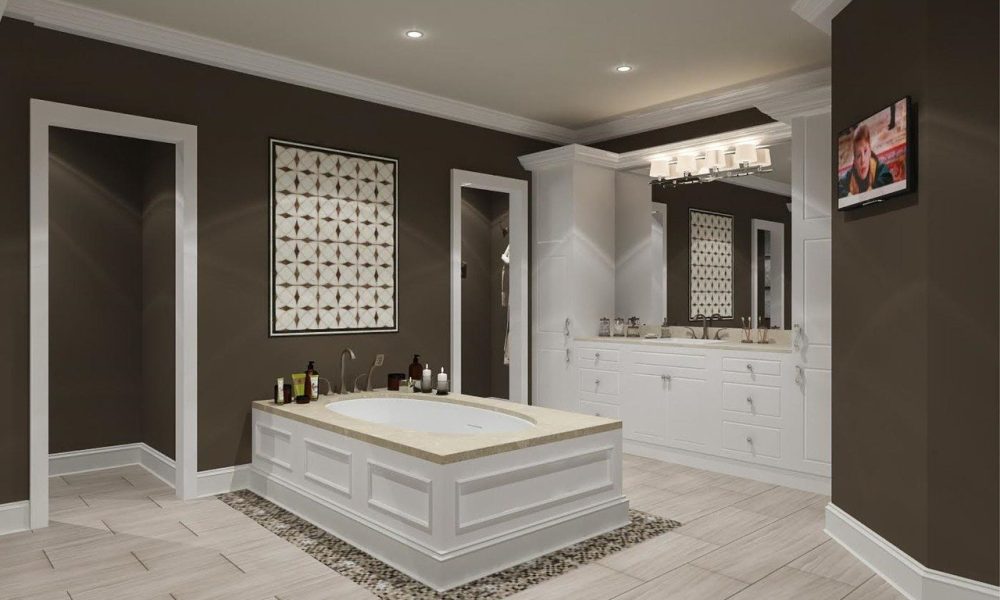 Custom bathroom design with white vanity and lighting